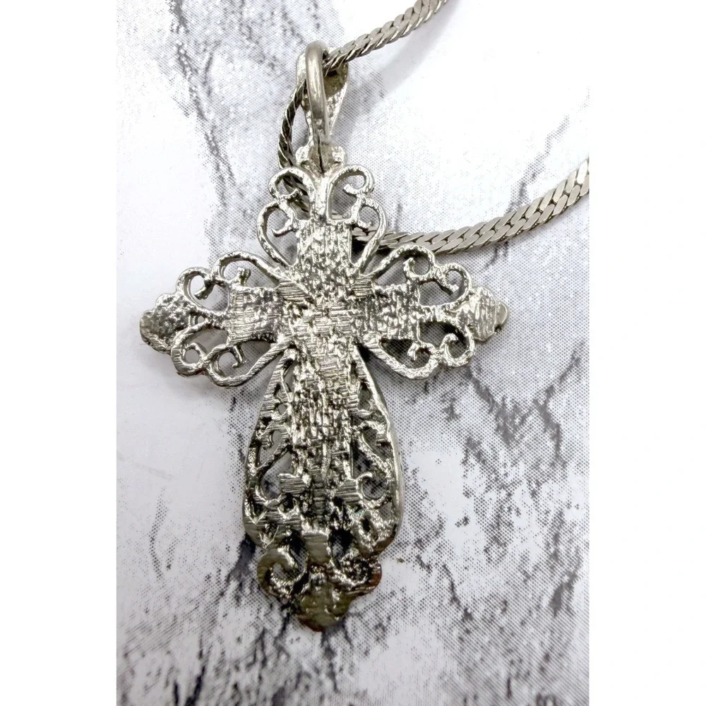 Silver Tone Filigree Cross Necklace 23